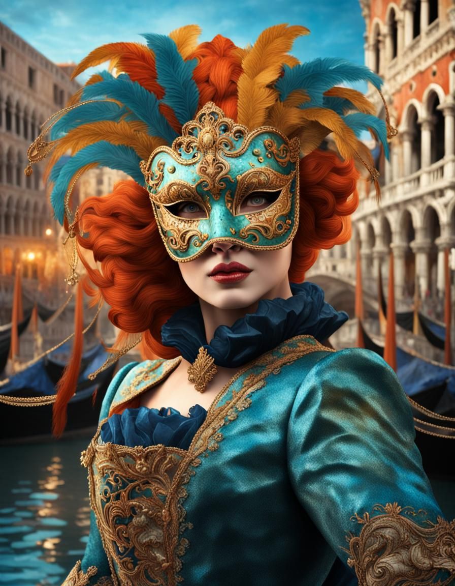 Femme rousse portant un masque vénitien, elle est sur la grande place de Venise pendant le grand carnaval