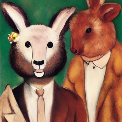 Hedgehog and Rabbit in 1950s Fashion, Modern Painting