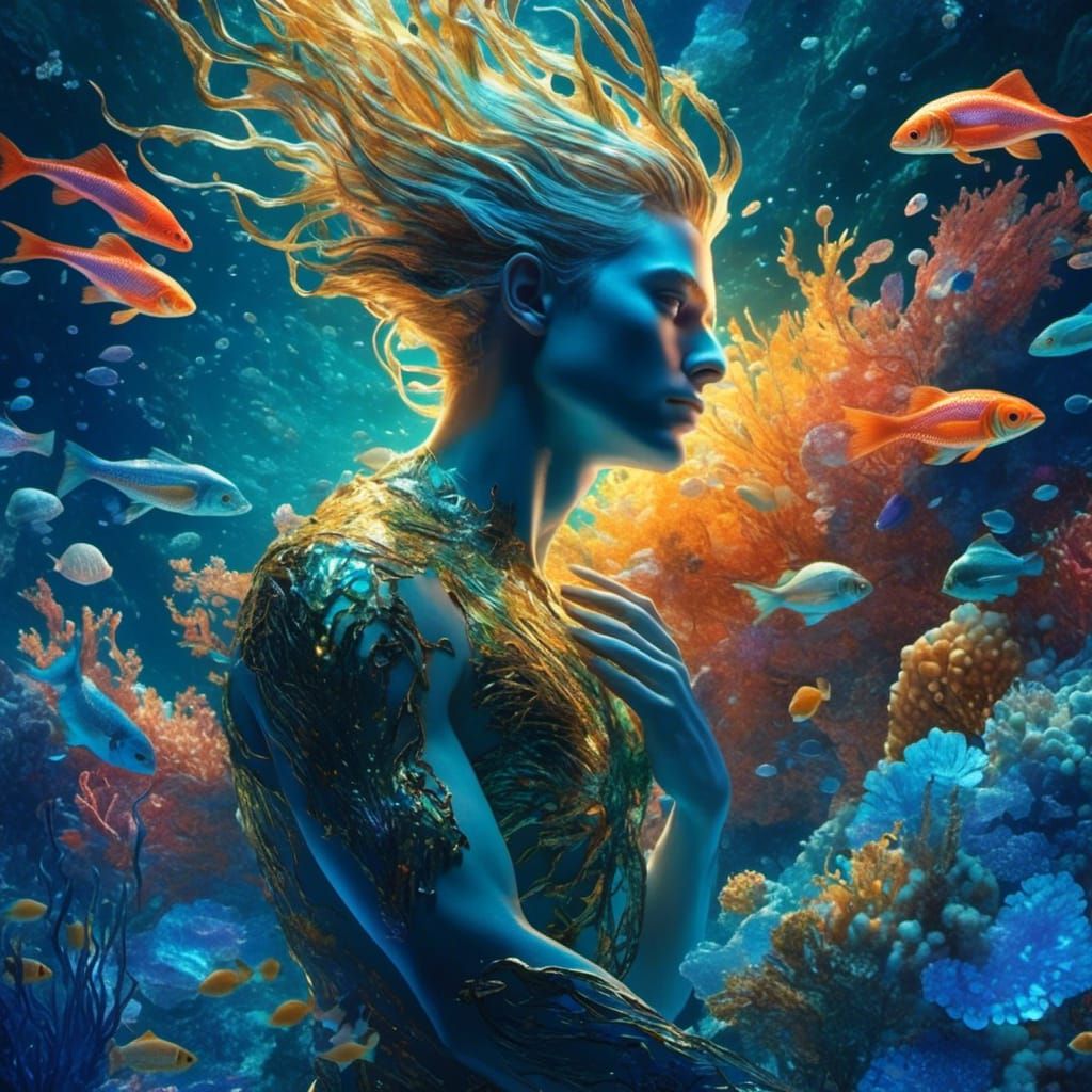 Bioluminescent Merman in Twilight with Glowing Sea Creatures