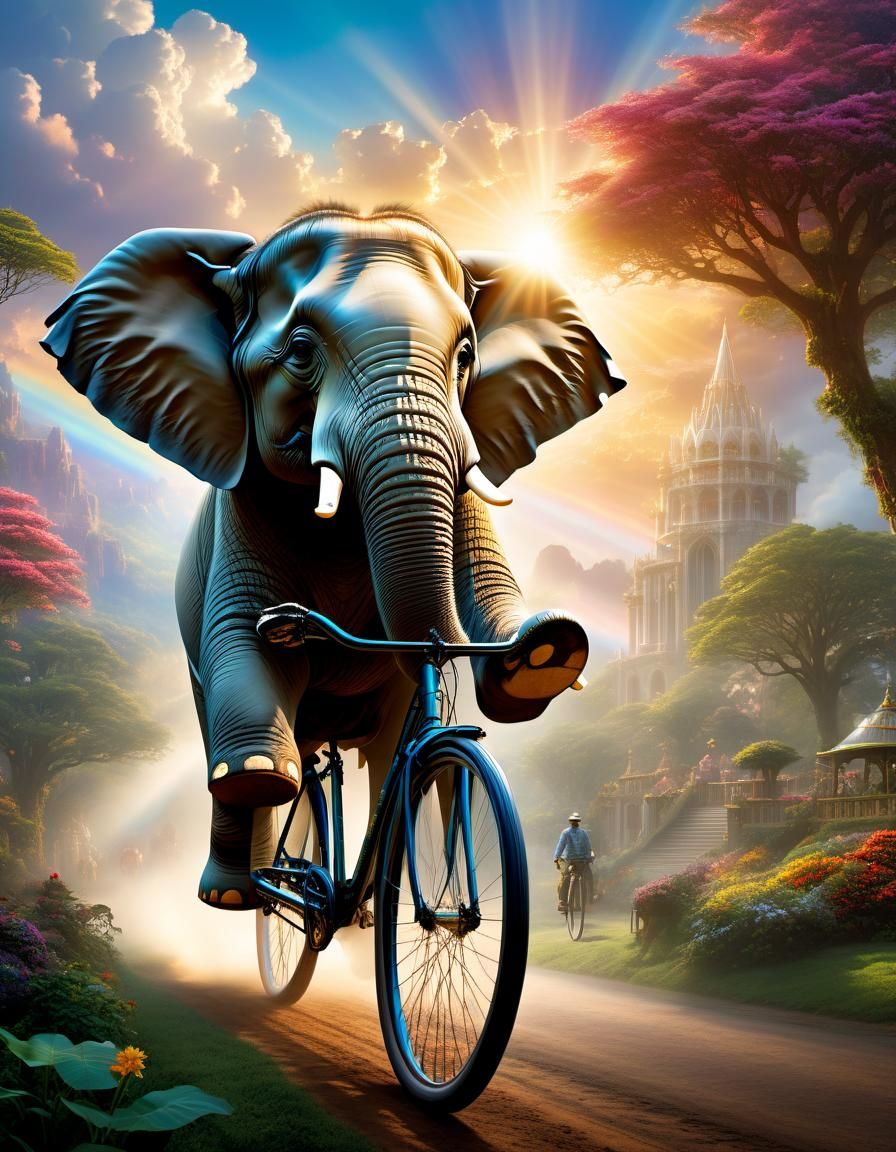 Elephant Rides Bicycle in Digital Matte Painting