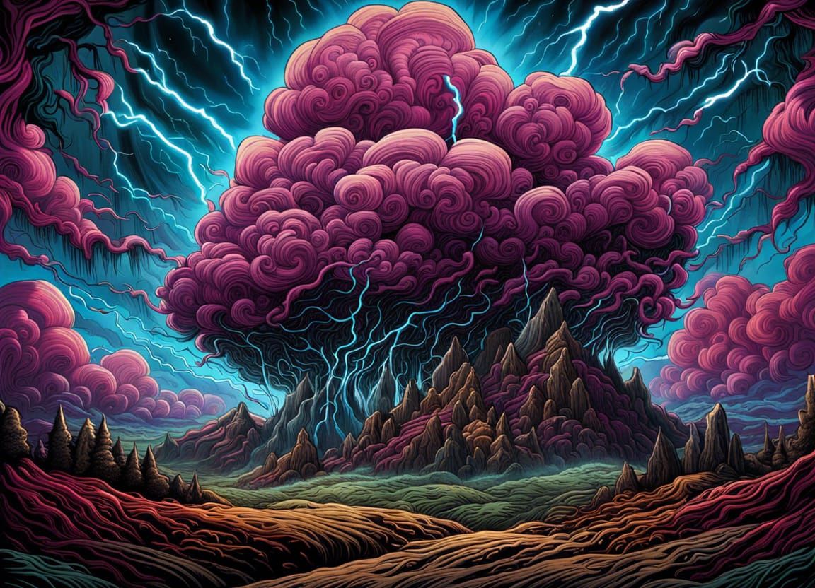 Surreal Stormy Landscape in Psychedelic Art Style