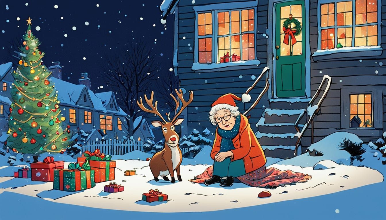 Disheveled Grandma Surrounded by Christmas Chaos