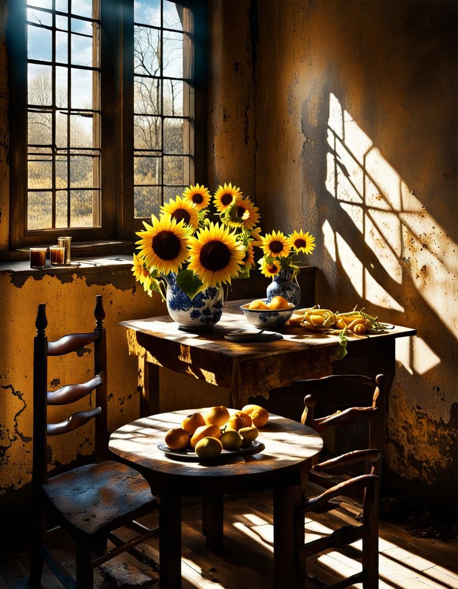 Sunflowers on Butcher Table in Magical Realism Style