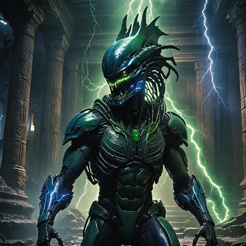 Xenomorph Pierced by Lightning in Dark Temple