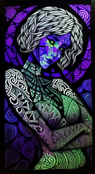 Girl in Black Light Zentangle Art