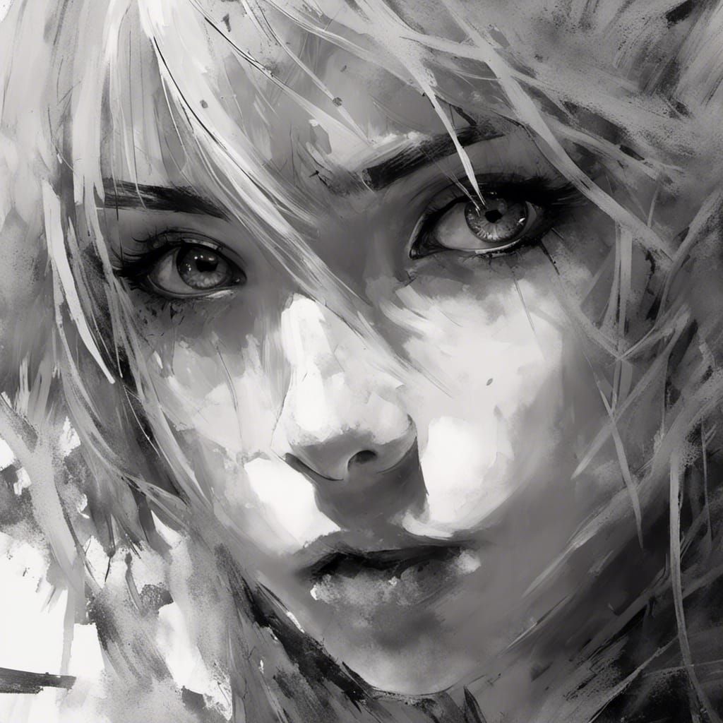Anime Girl Portrait in Sinister Black and White Style