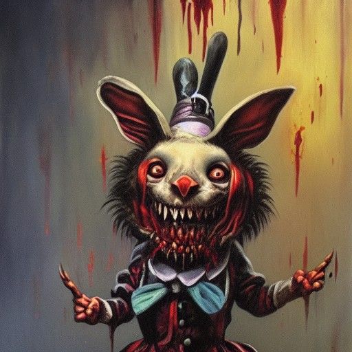 Demonic Rabbit in Wonderland, Oil Painting
