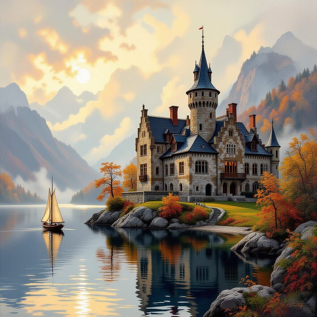 Majestic Castle on Cliffside Overlooking Misty Lake in Autum...