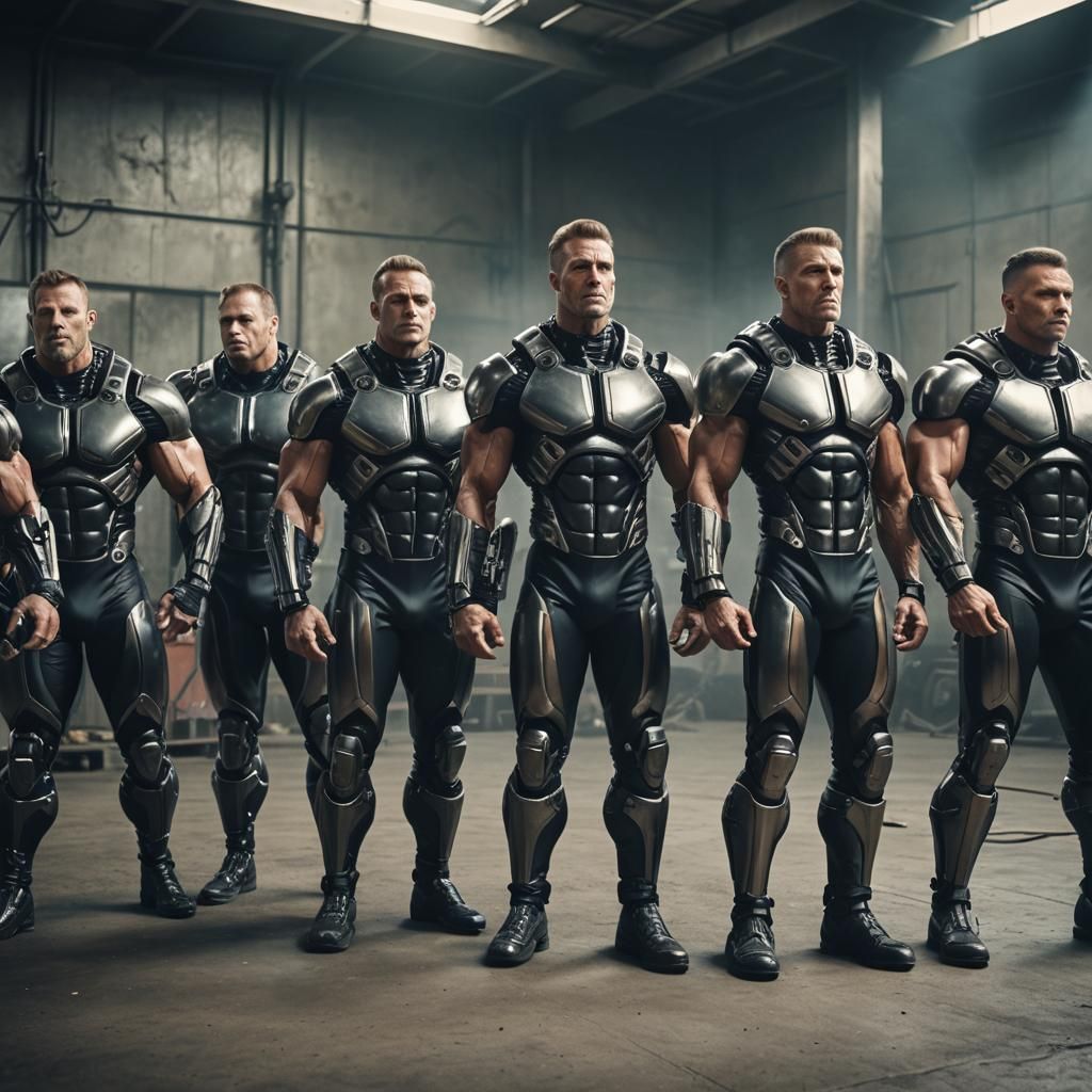 Hyper-Muscular Cyborg Bodybuilders in Rubber Suits