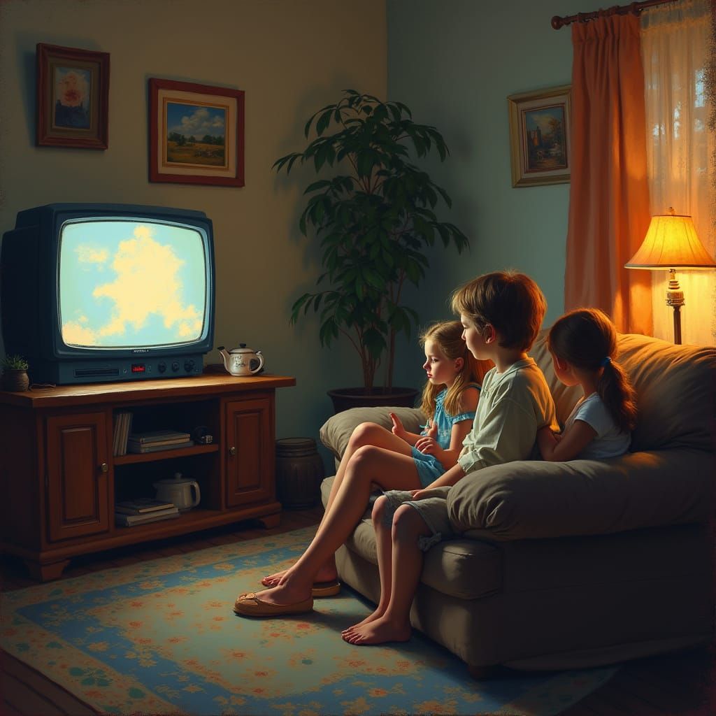 Cozy Family TV Night in Warm, Painterly Style