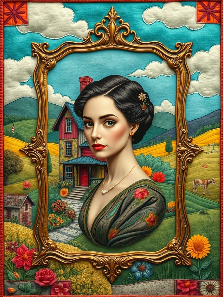 Whimsical Quilted Cottage Scene in Art Nouveau Style