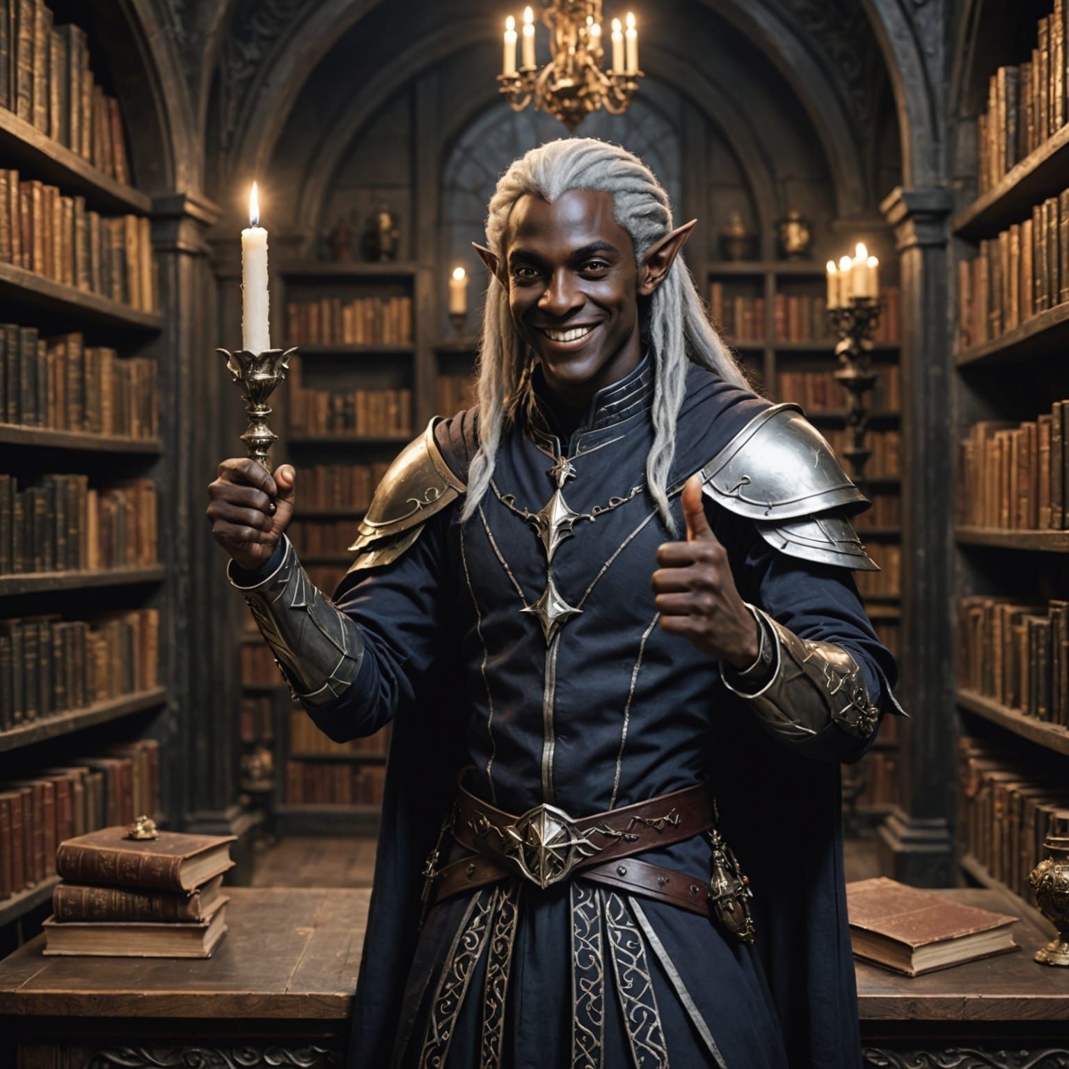 Dark Elf Smiling with Thumbs Up in Study