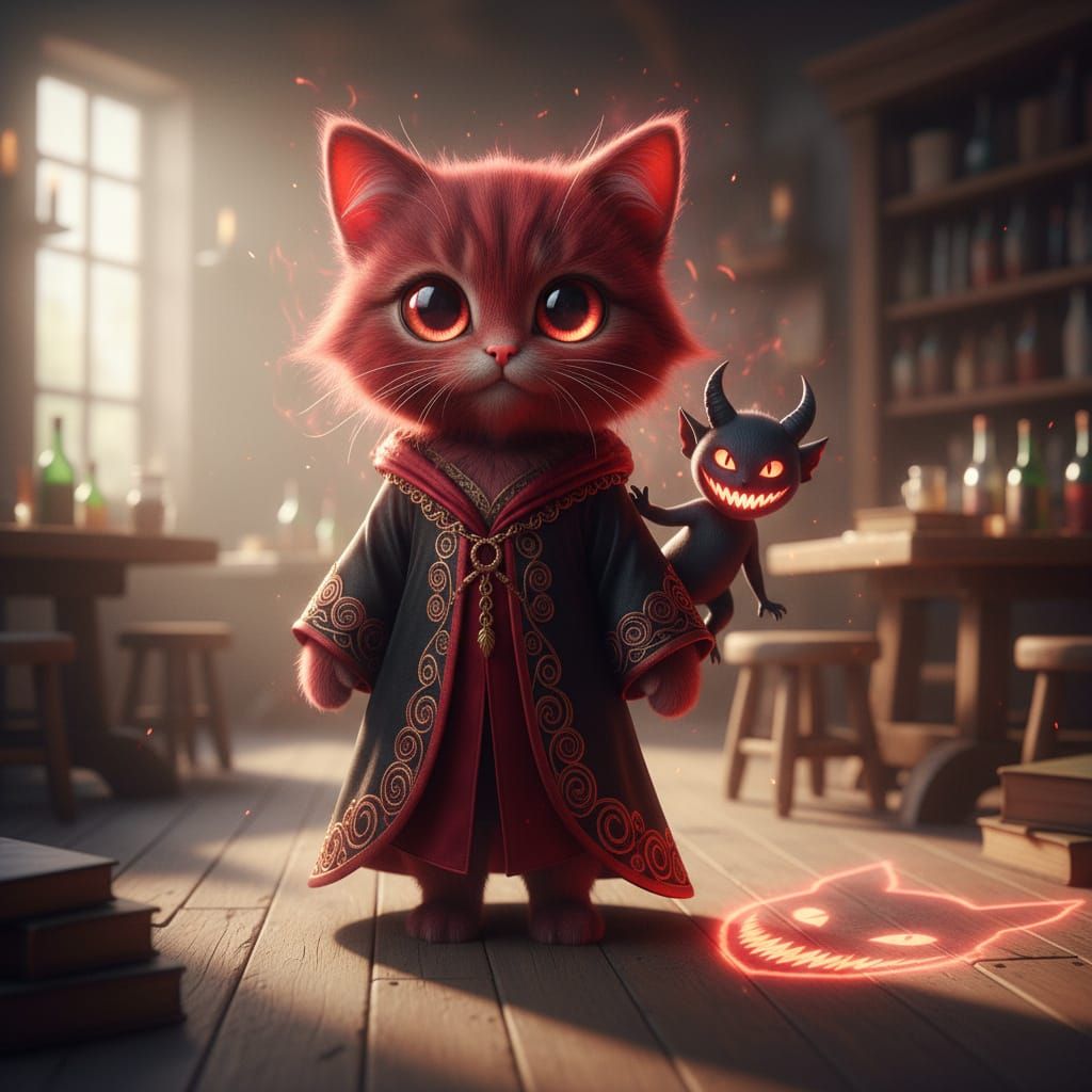 Fluffy Kitten Warlock with Demon Companion in Tavern