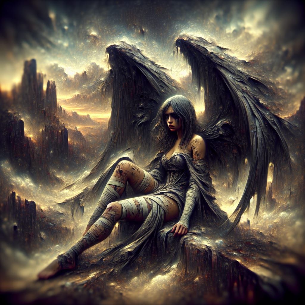 Fallen Angel on Apocalyptic Mountain, Romantic Digital Art