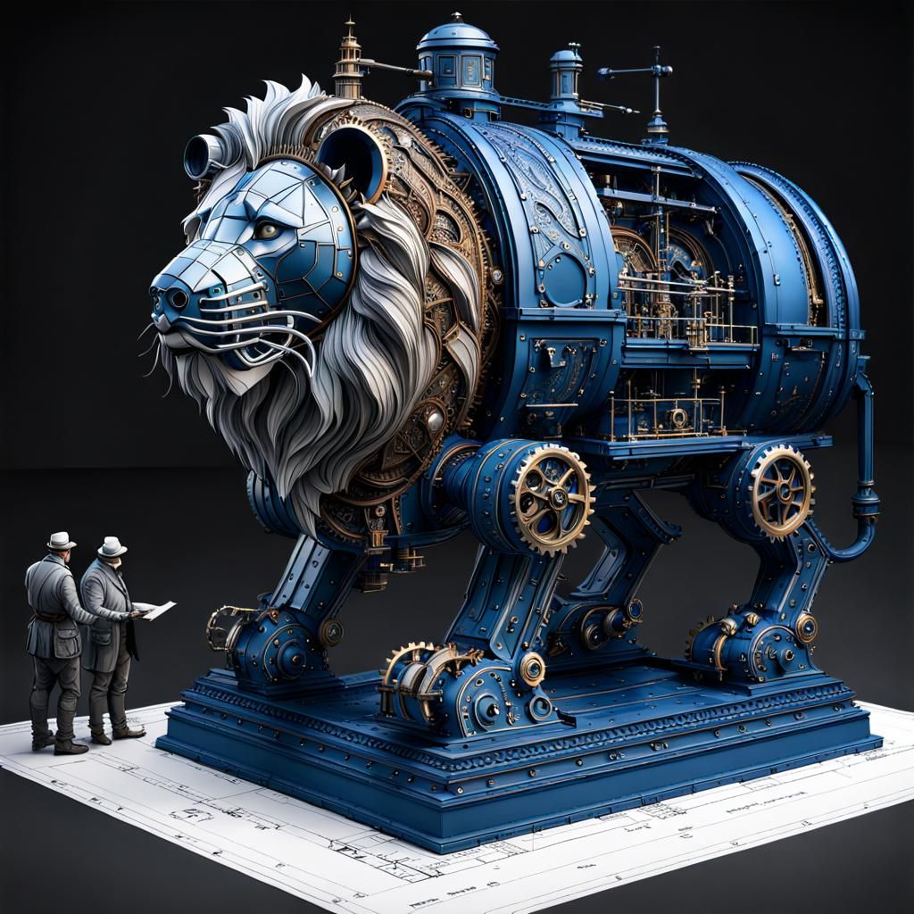Steampunk Lion Automaton: Miniature Figures Study Blueprints