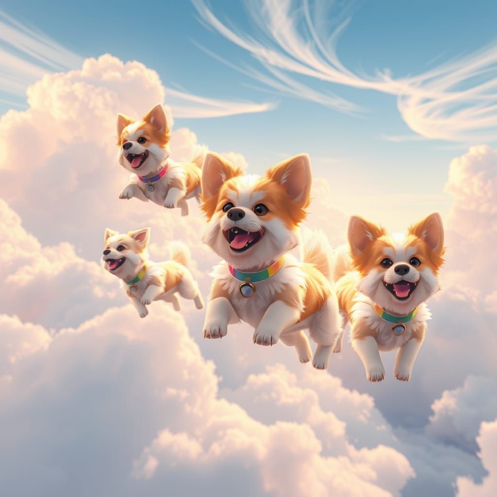 Dogs Soaring in Anime Sky, 3D Digital Art