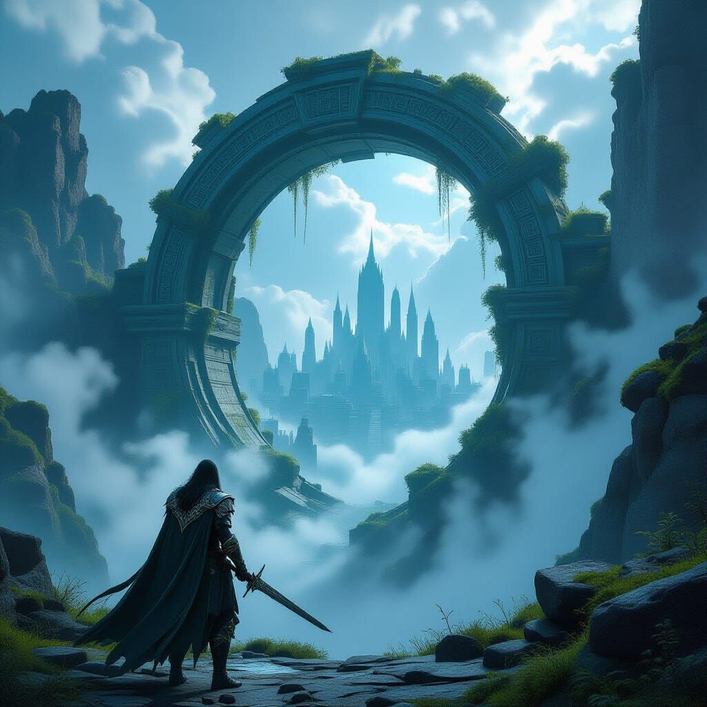 Warrior on Ancient Archway Overlooking Misty Chasm
