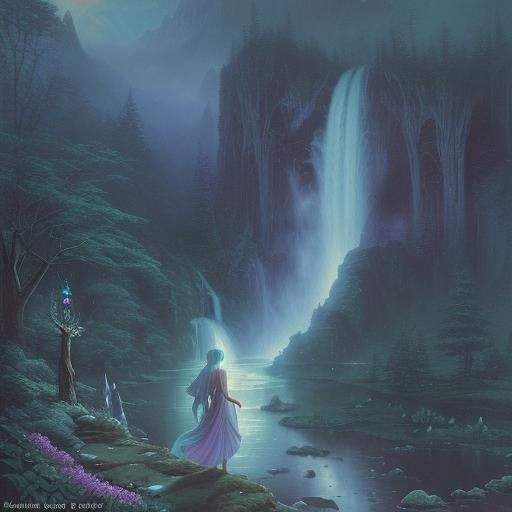 Ethereal Moon Elf at Waterfall, Fantasy Art