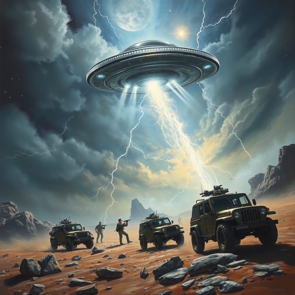 UFO Battle with Soldiers and Jeeps in Stormy Sky