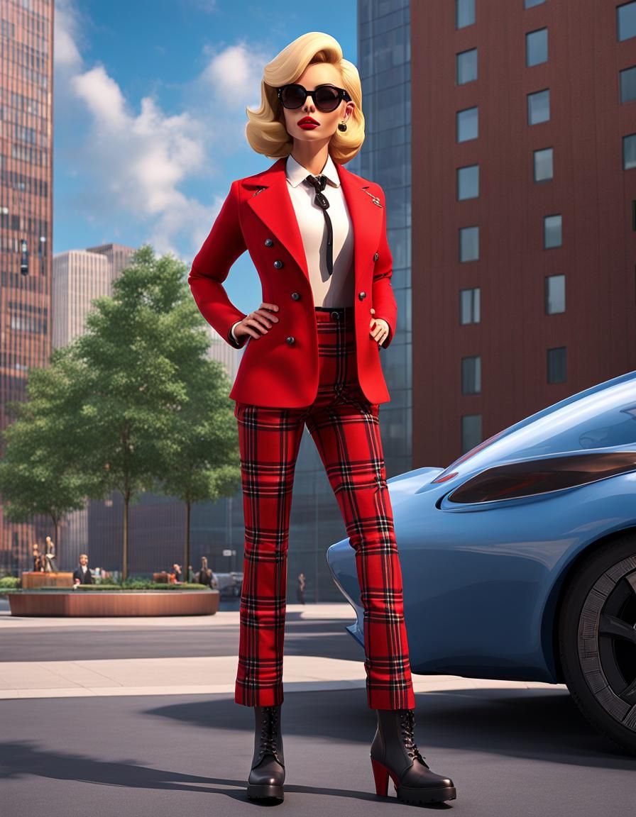 Woman in Red Plaid Suit: 3D Digital Art
