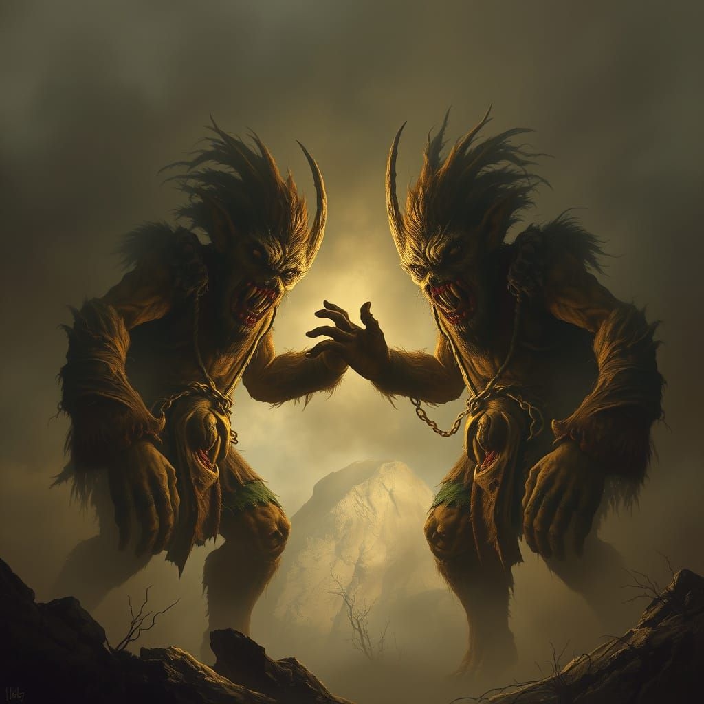 Trolls Clash in Misty Battleground: Dark Fantasy Art
