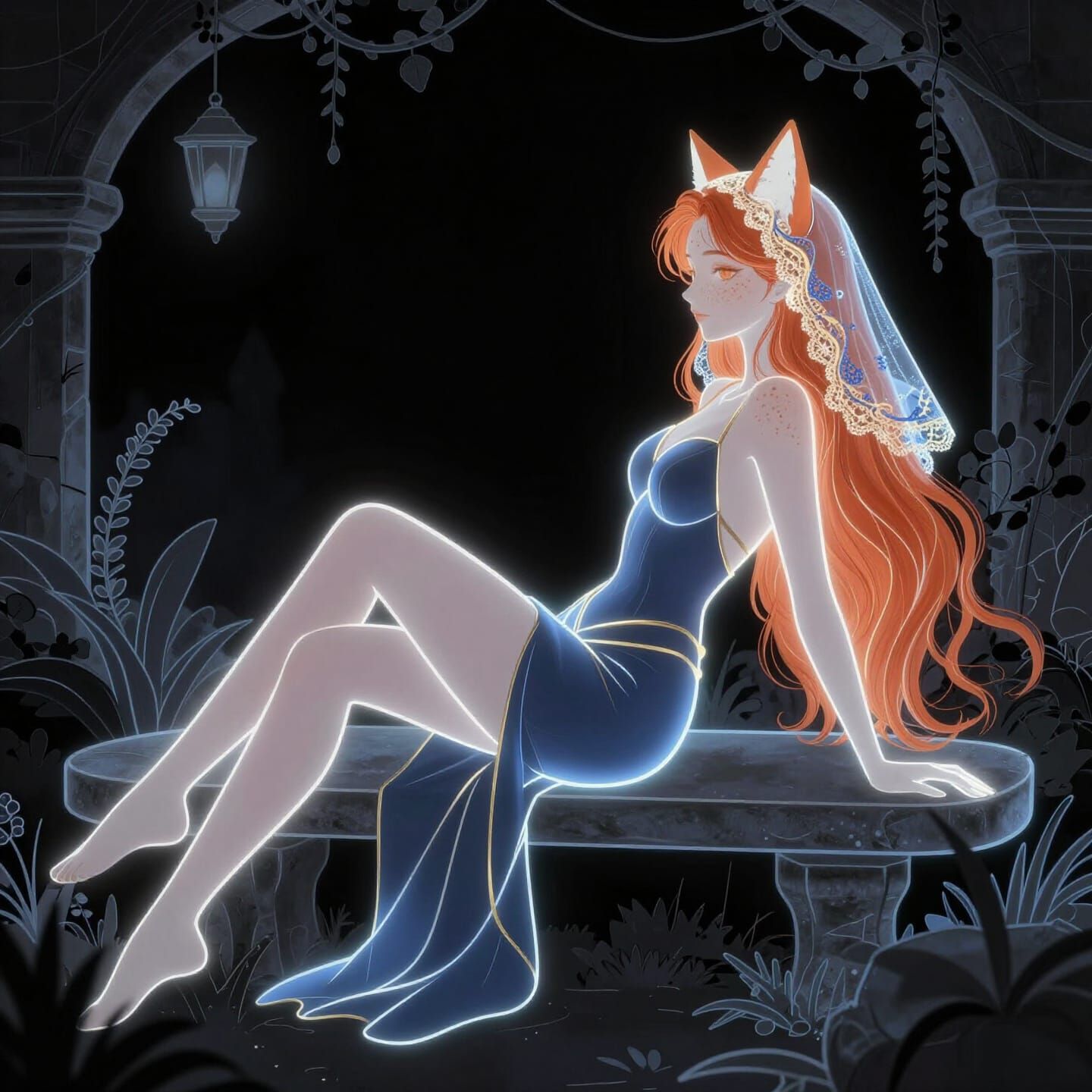 Elegant Woman in Glowing Line Art