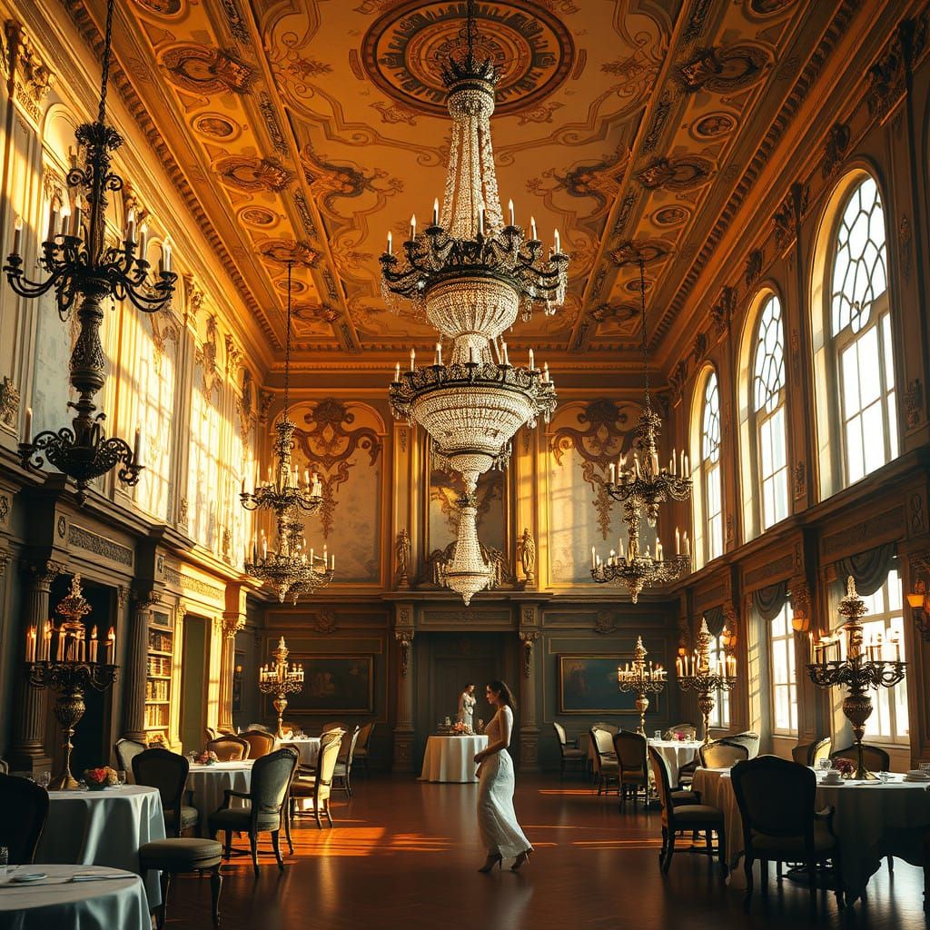 Luxurious Victorian-Era Ballroom in Alphonse Mucha Style