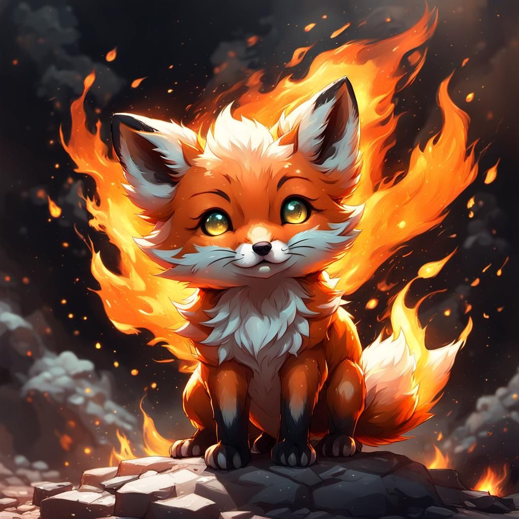Fiery Chibi Fox Cub Digital Art