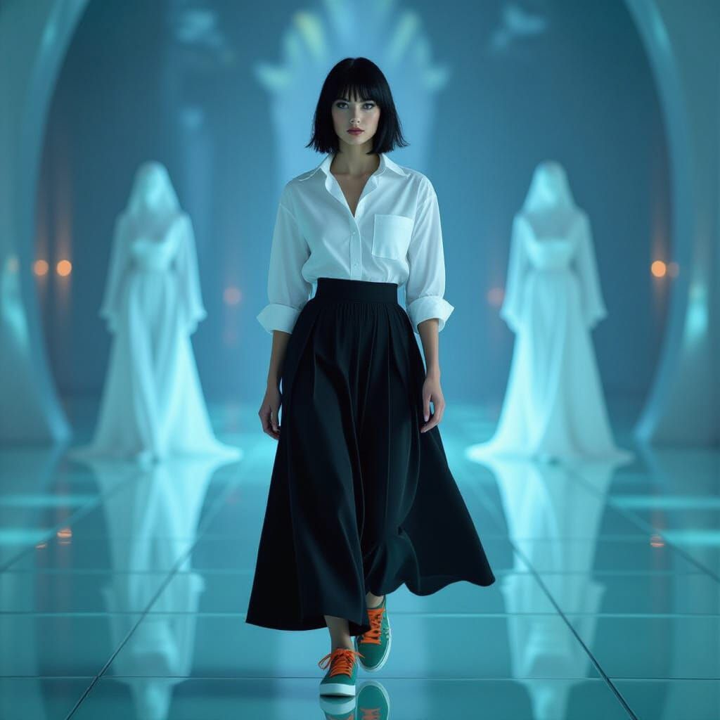 Woman with Short Black Hair Walking on Glass Floor