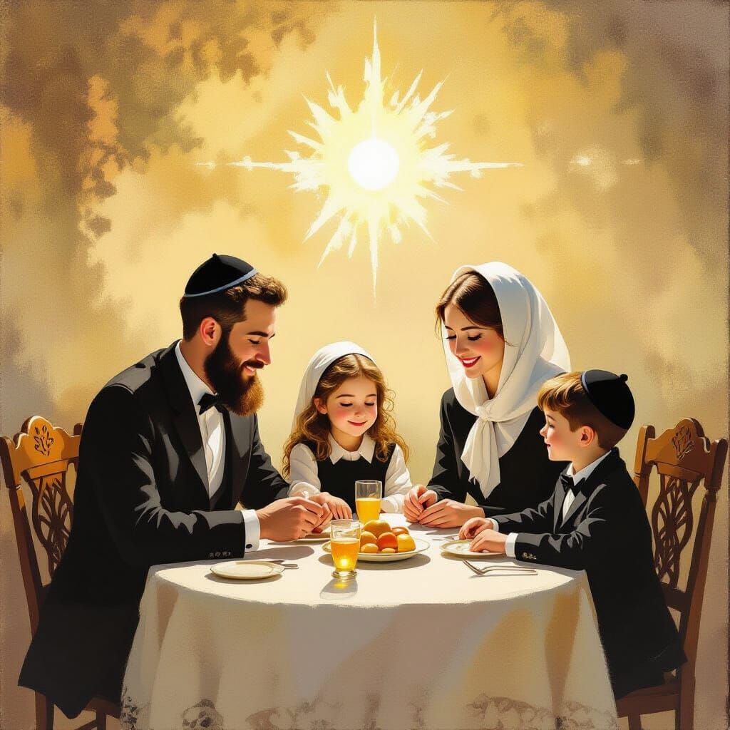 Hasidic Family Shabbat Dinner in Golden Light
