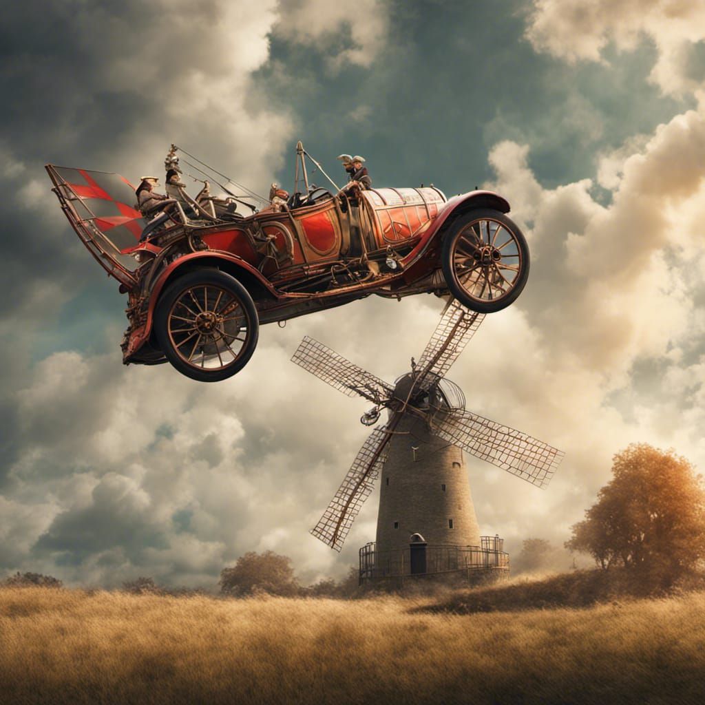 Flying Car Past Windmill: Cinematic Digital Painting