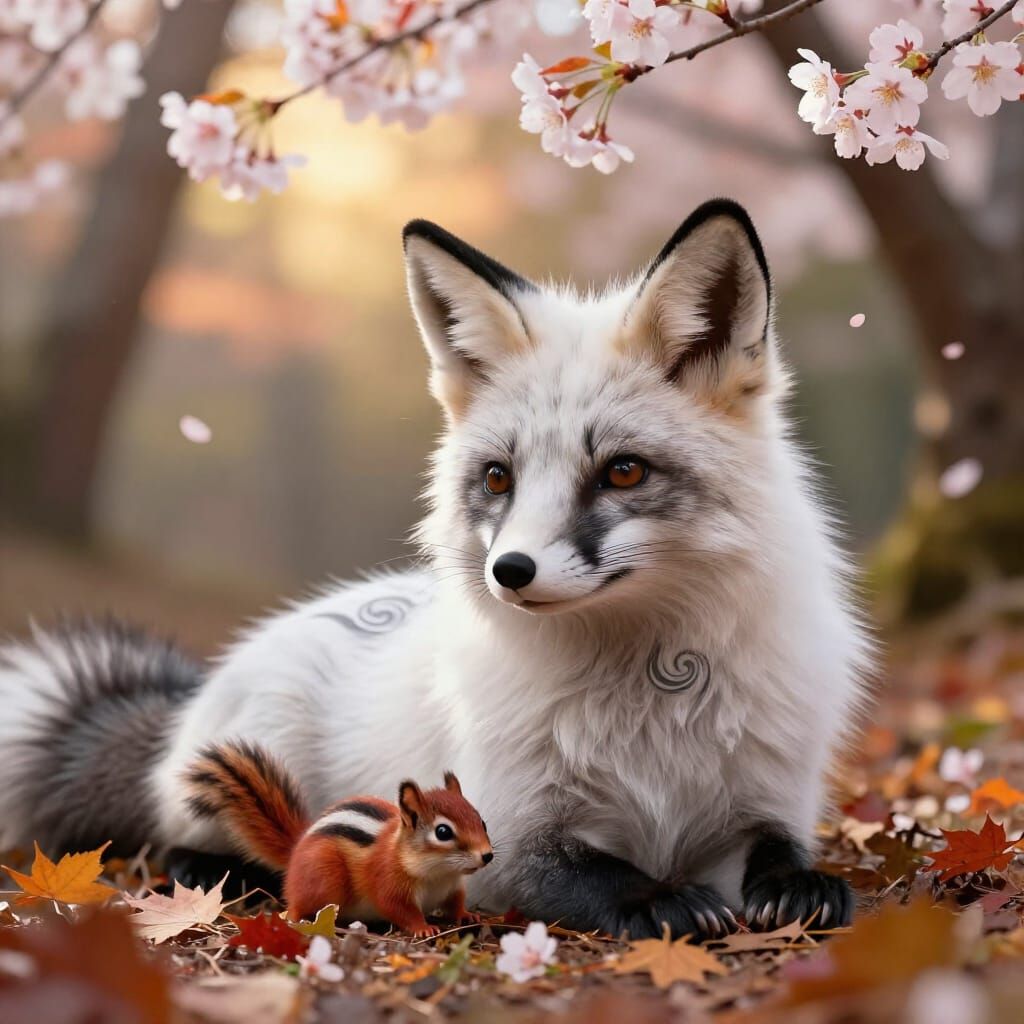Adorable Kitsune Fox with Chipmunk in Ethereal Forest