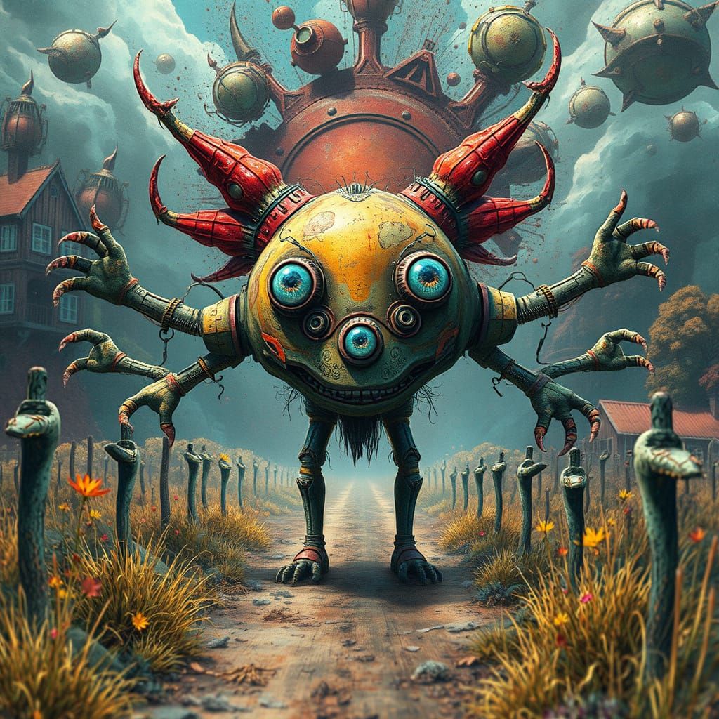 Surreal Country Scene with Whimsical Creature in Dystopian E...