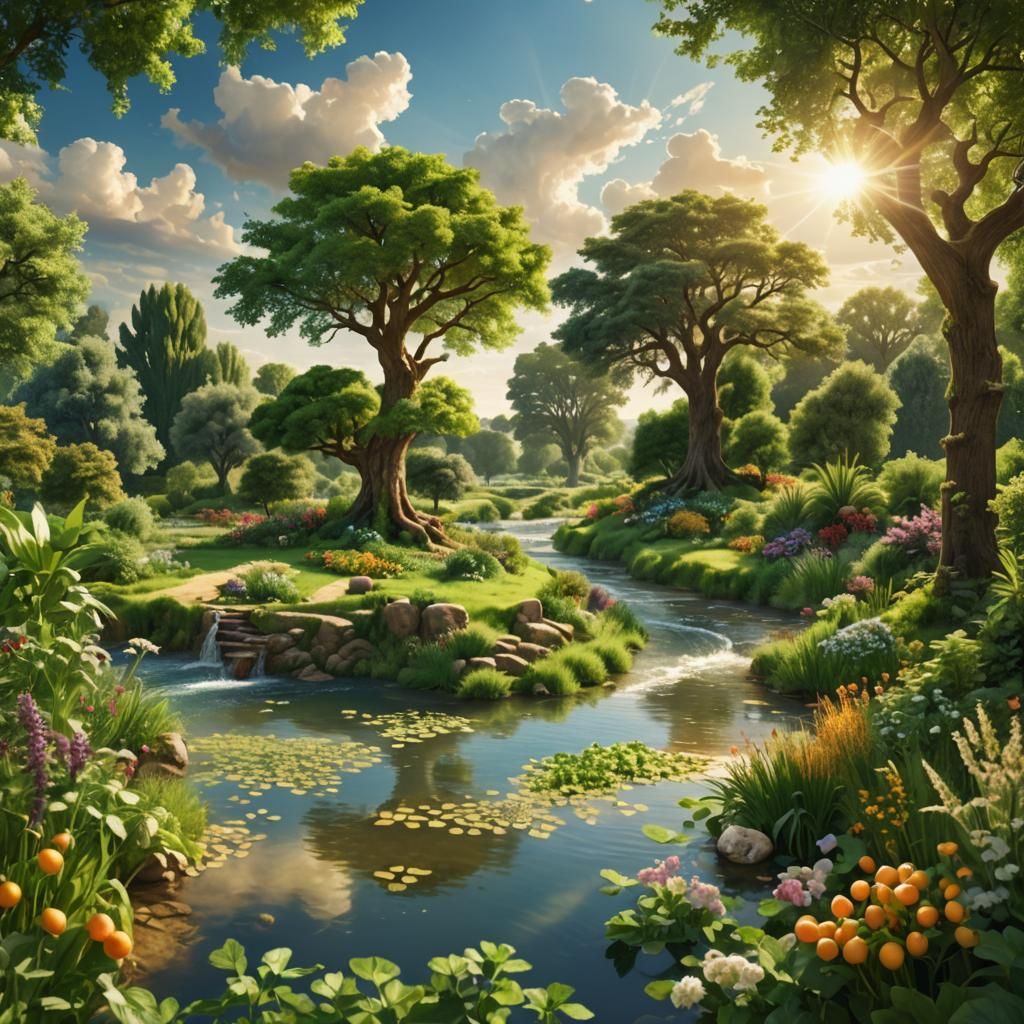 Garden of Eden Biblical Landscape in Oil Painting Style