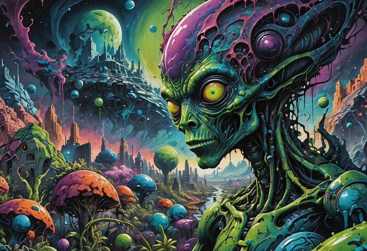 Surreal Alien Landscape in Graffiti Splash Art Style