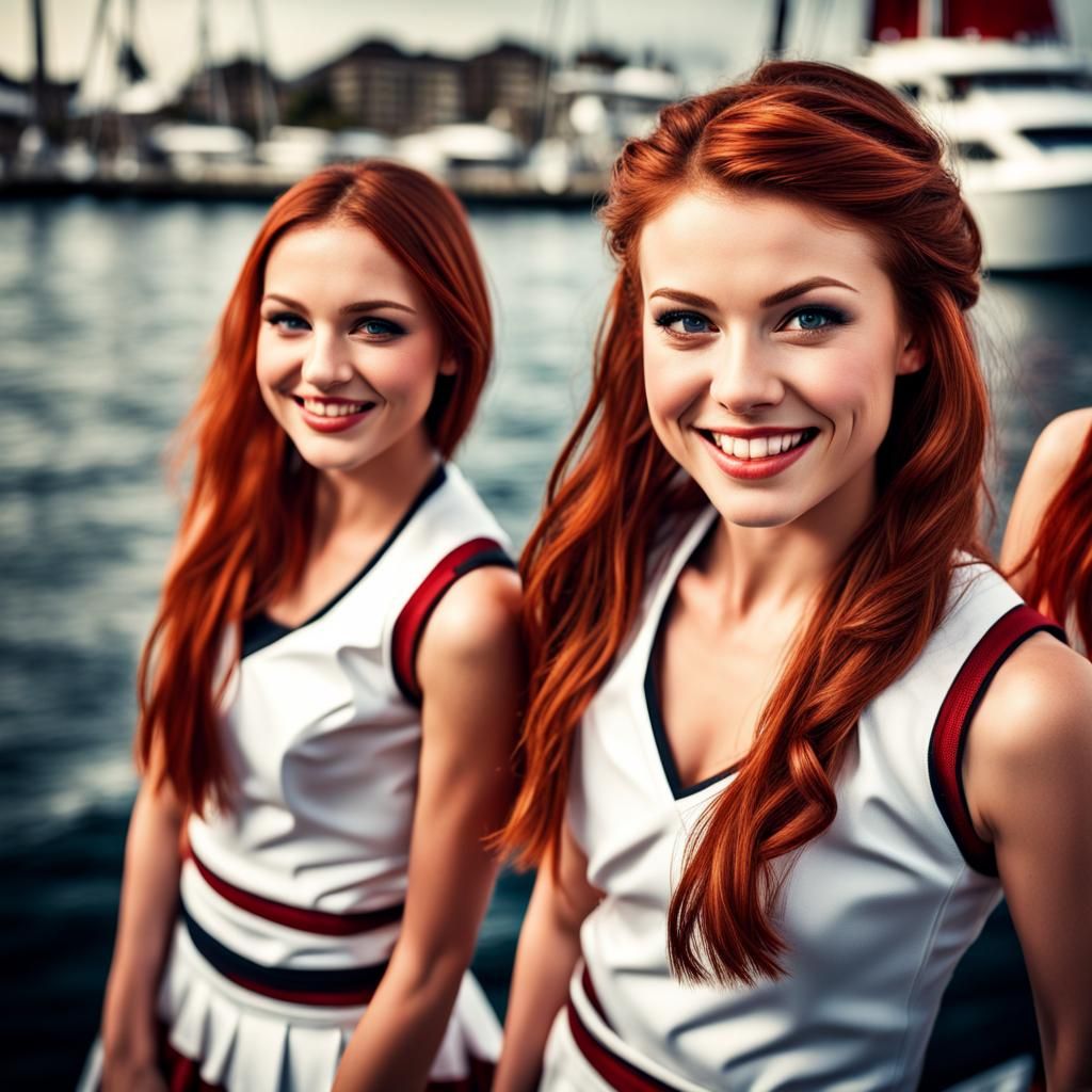 Cheerleaders at Yacht Party in Hyperrealistic Style
