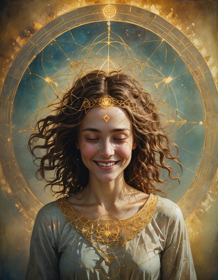 Sacred Geometry: Smiling Woman with Golden Halo