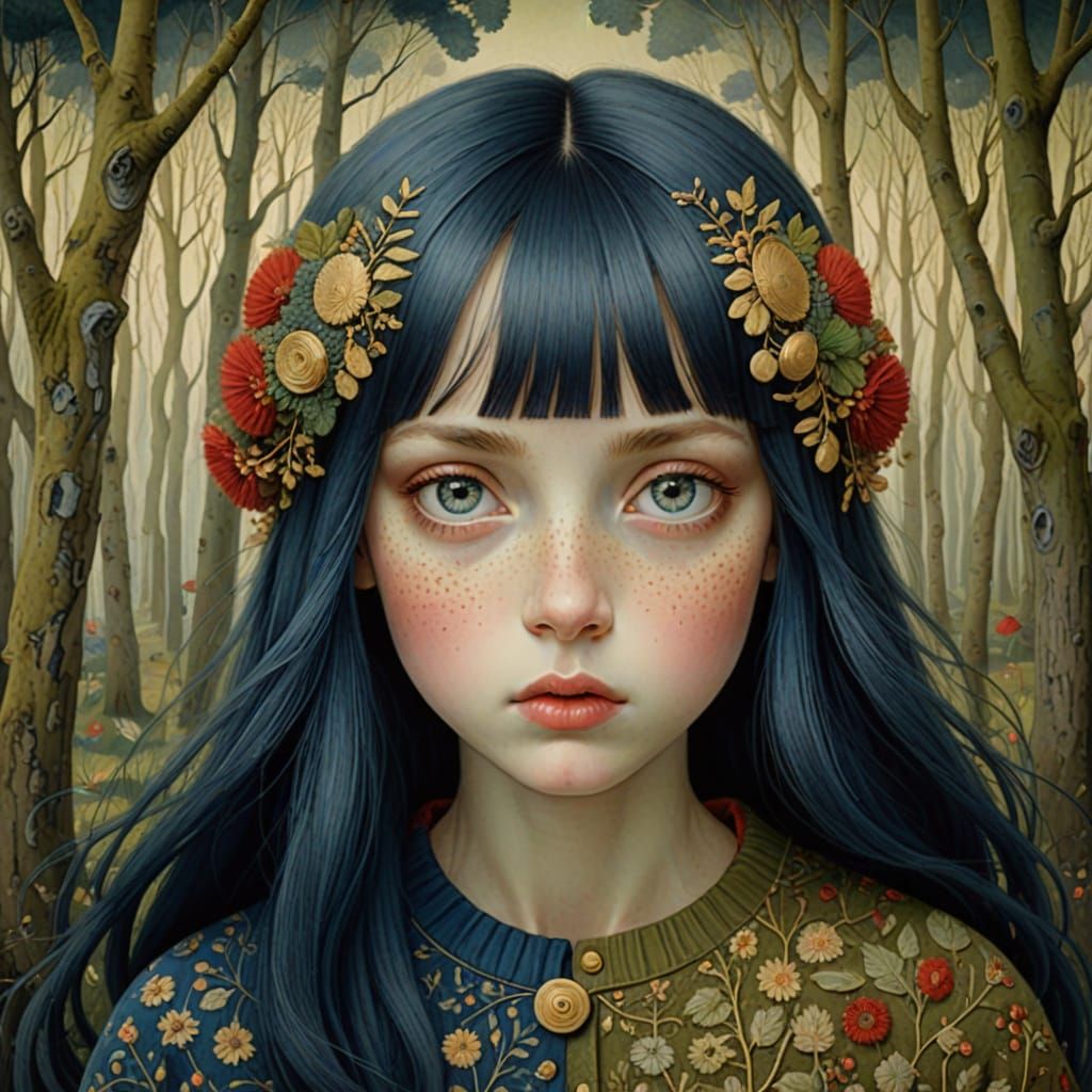 Dreamlike Caricature of Freckled Woman in Vintage Setting