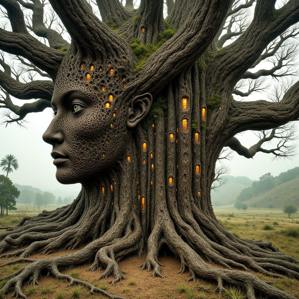 Oak Tree Wrapped in Copper Wire in Earthy Style