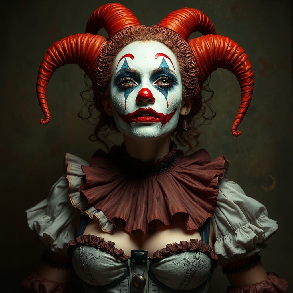 Retro-Futuristic Female Clown Adorned in a Corset