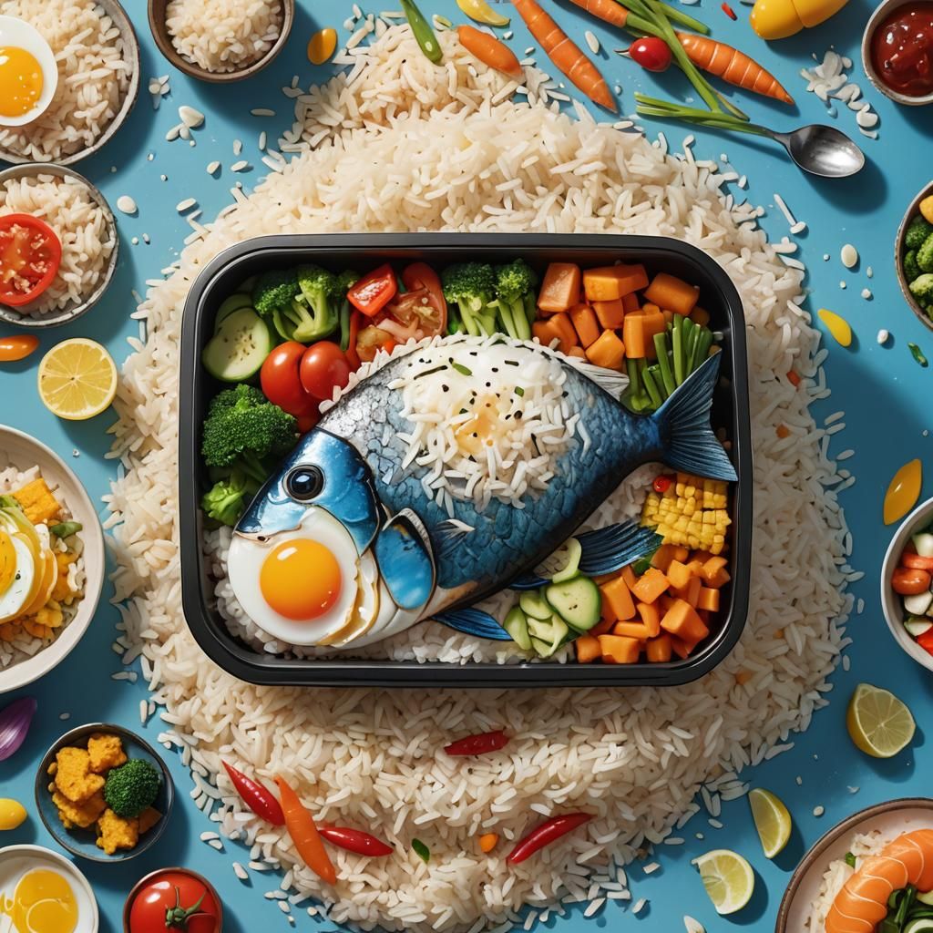 Hyperrealistic Fish Bento Box with Sunny Egg
