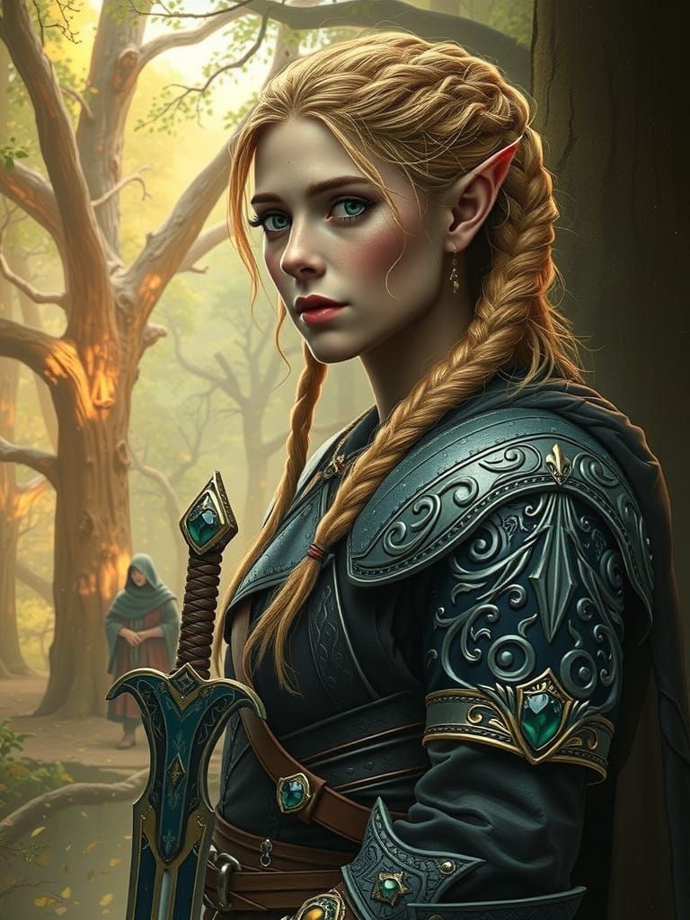 Elegant Female Elf Warrior in Elven Armor with Intricate Bra...