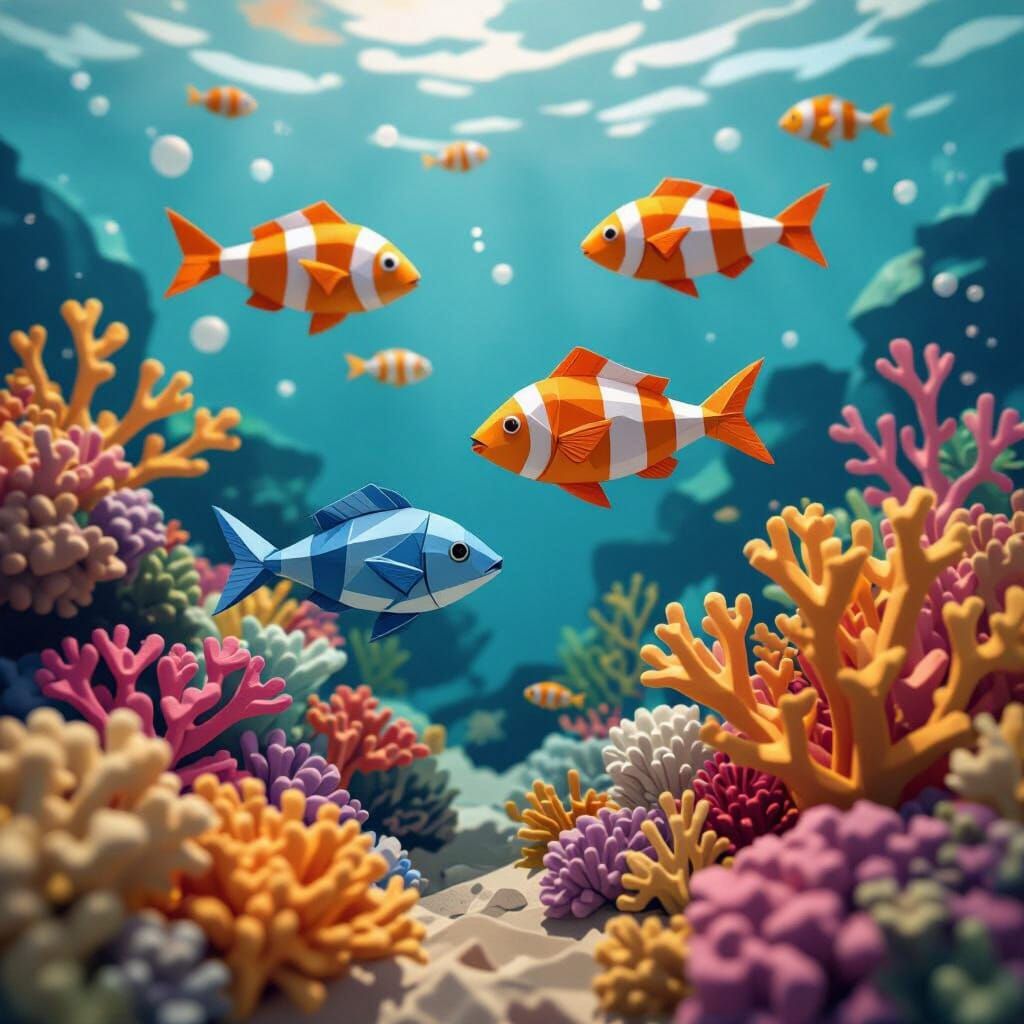 Papercraft Fish in Origami Coral Reef