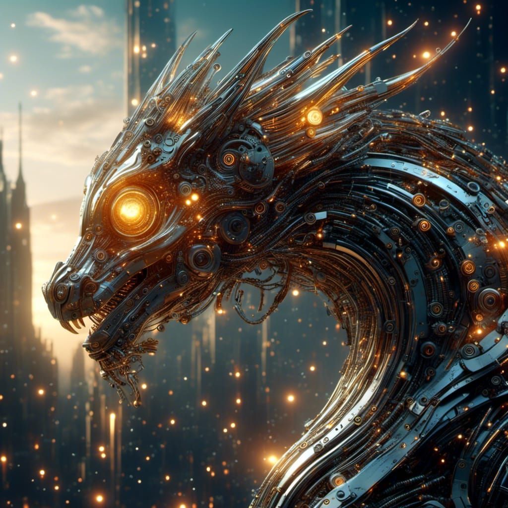 Robotic Fire Dragon Portrait in Kinetic Sci-Fi Art