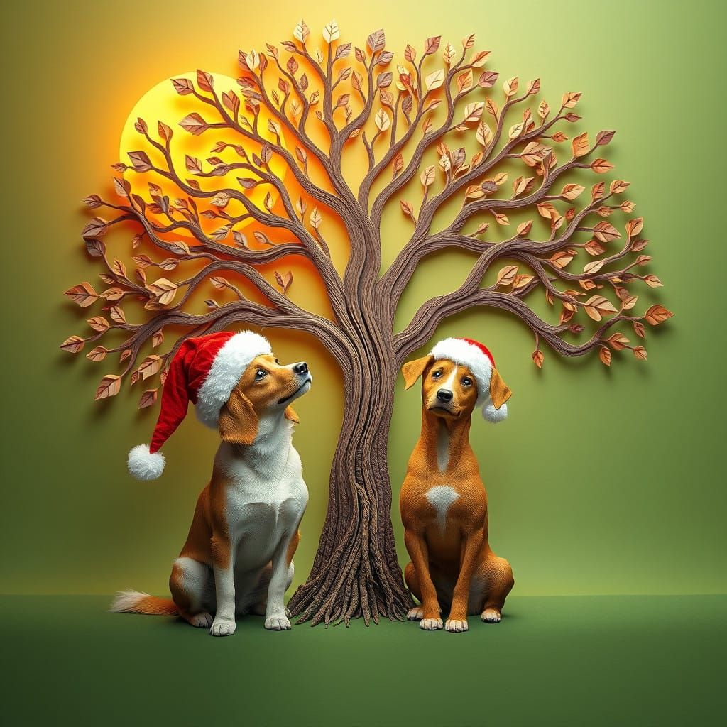 Two Dogs Savor Christmas Magic Under Paper Tree