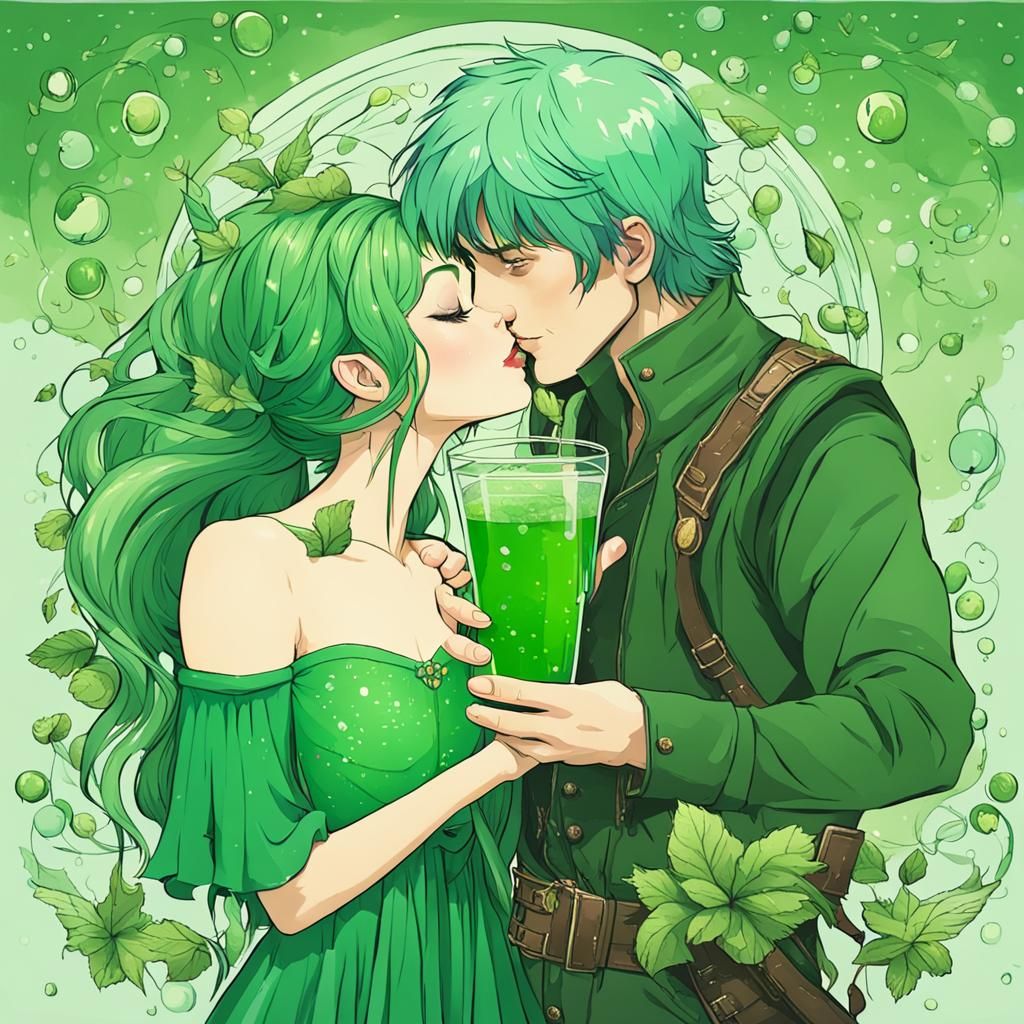 Green Fairy Kissing Adventurer: Fantasy Art