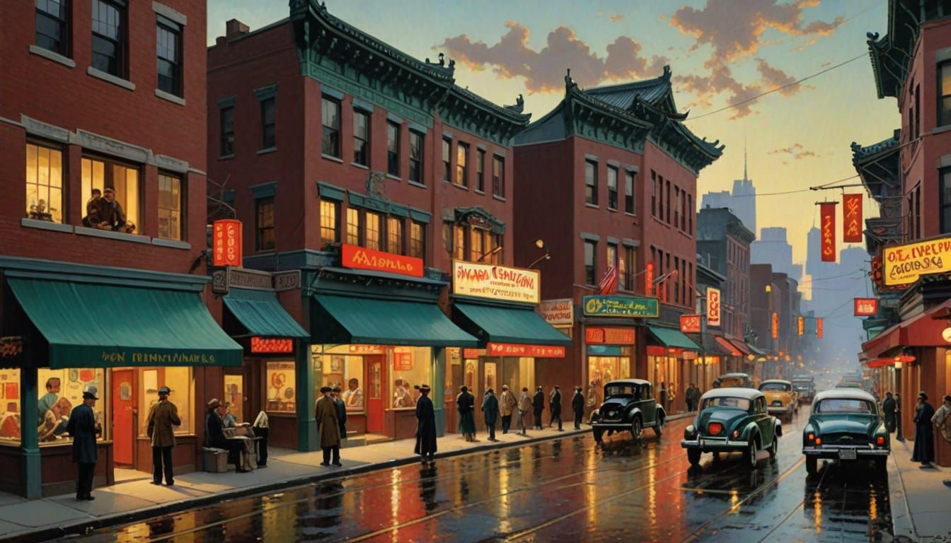 Chinatown Street Scene in Distinct Artistic Styles