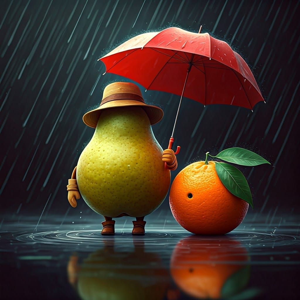 Anthropomorphic Pear in Whimsical Rainy Scene, Inspired by D...
