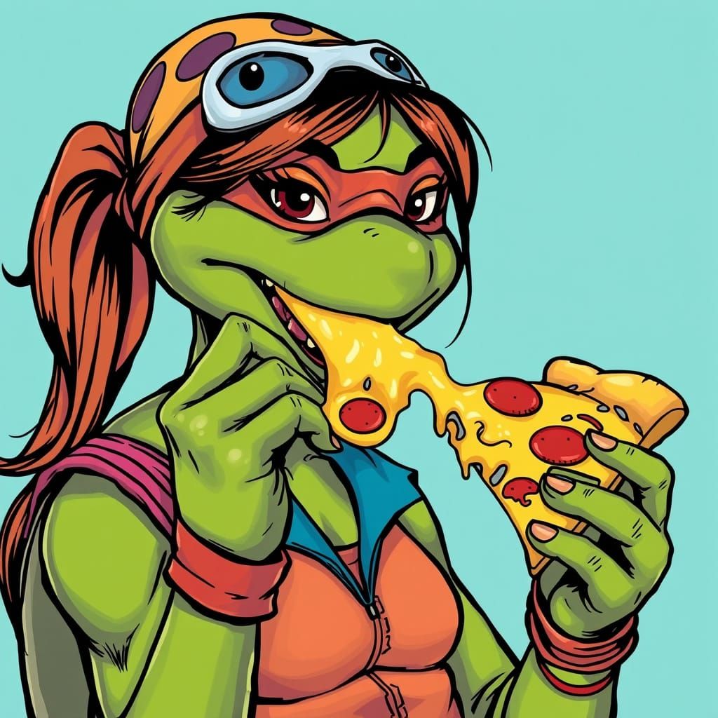 Teenage Turtle Eats Pizza in Comic Book Style