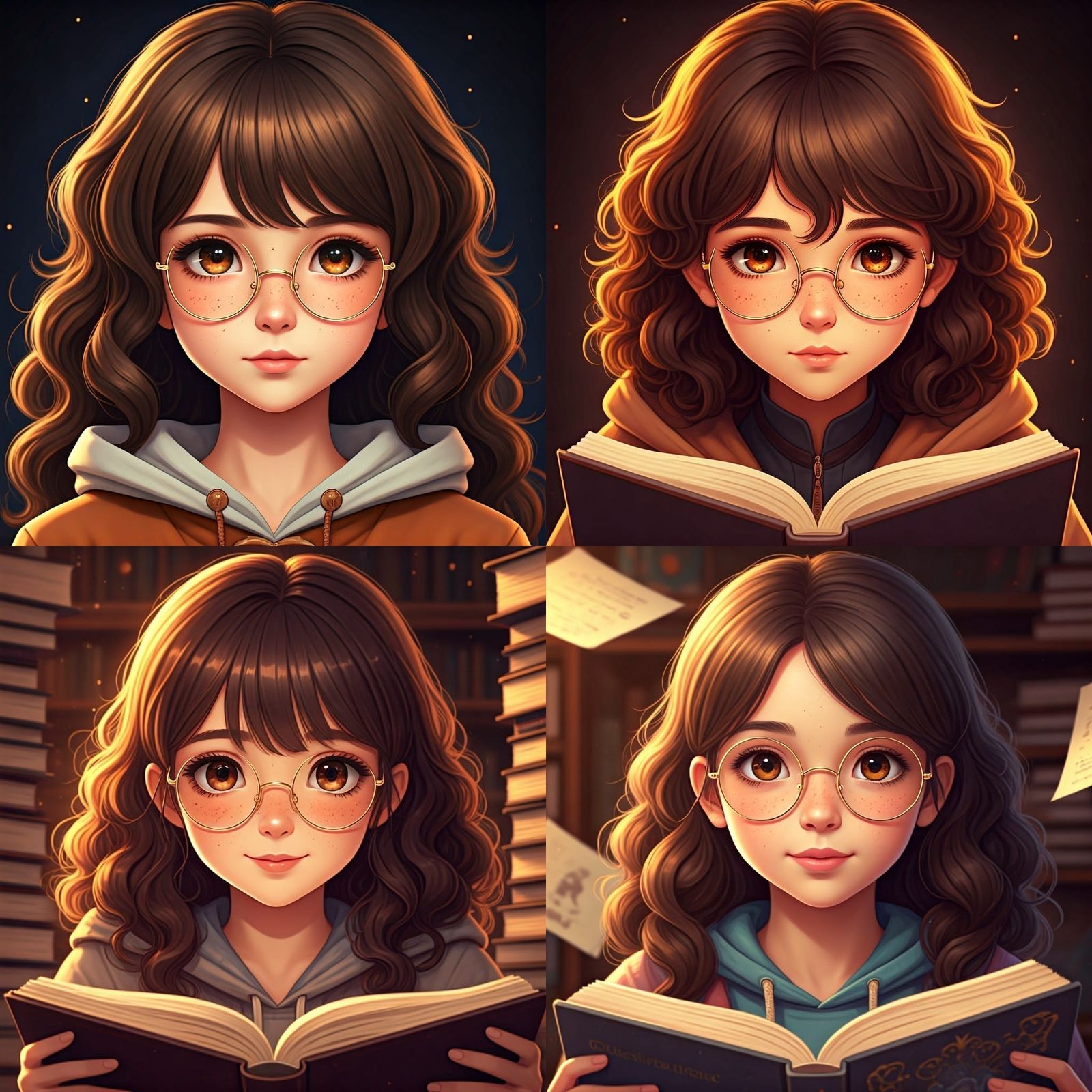 Sweet Bookworm Girl with Dark Brown Hair and Chocolate Eyes